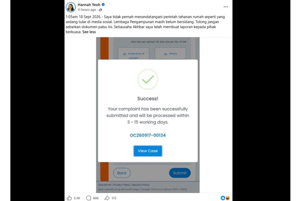 Hannah Yeoh fake house arrest order