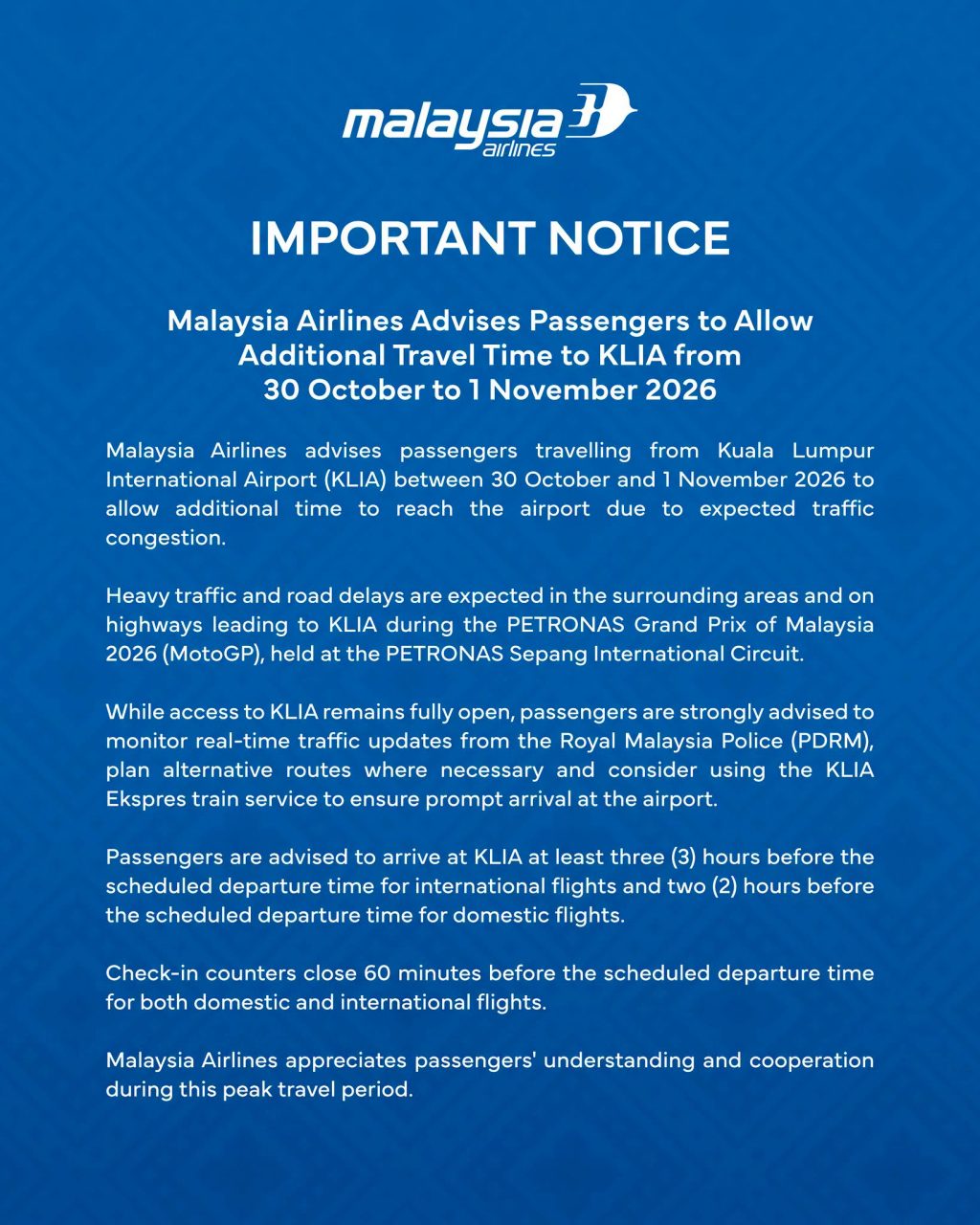 Malaysia Airlines KLIA travel advisory MotoGP Sepang